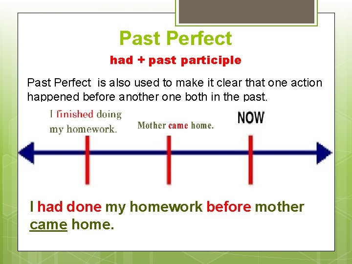 Past Perfect had + past participle Past Perfect is also used to make it