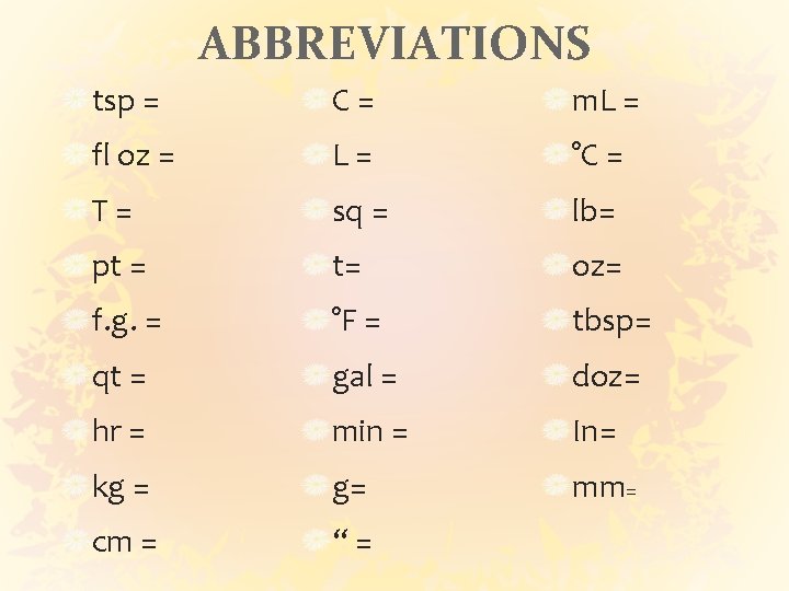 ABBREVIATIONS tsp = C= m. L = fl oz = L= °C = T=