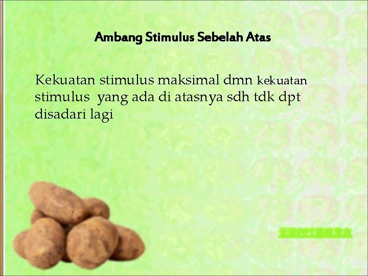 Ambang Stimulus Sebelah Atas Kekuatan stimulus maksimal dmn kekuatan stimulus yang ada di atasnya