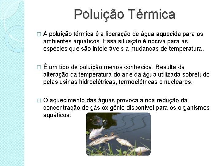 Poluição Térmica � A poluição térmica é a liberação de água aquecida para os