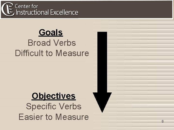 Goals Broad Verbs Difficult to Measure Objectives Specific Verbs Easier to Measure 8 