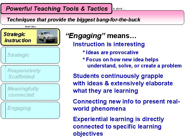 Powerful Teaching Tools & Tactics Is about … Techniques that provide the biggest bang-for-the-buck Powerful Teaching Tools & Tactics Is about … Techniques that provide the biggest bang-for-the-buck