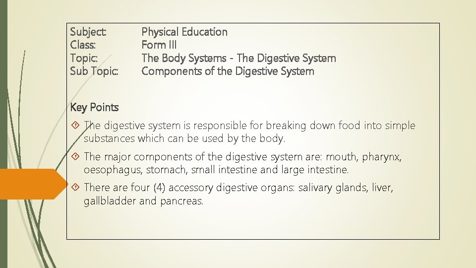 Subject: Class: Topic: Sub Topic: Physical Education Form III The Body Systems - The