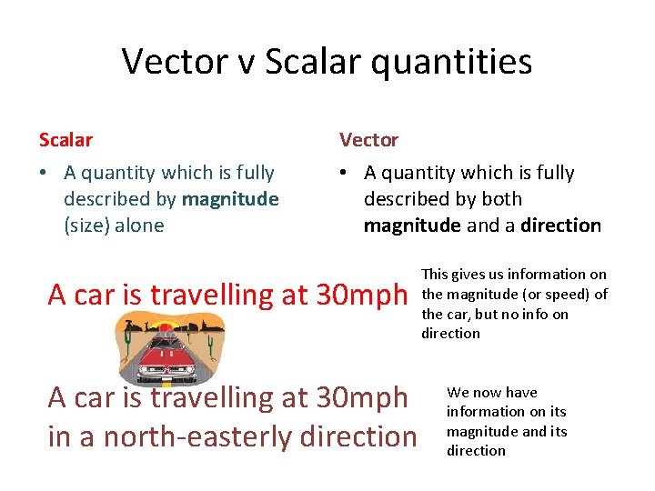 Vector v Scalar quantities Scalar Vector • A quantity which is fully described by