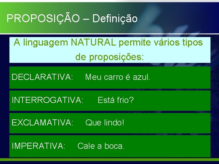 PROPOSIÇÃO – Definição A linguagem NATURAL permite vários tipos de proposições: DECLARATIVA: Meu carro