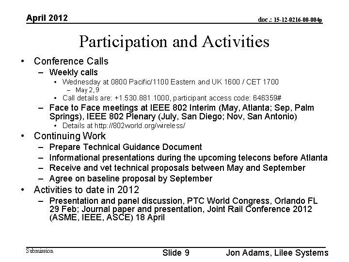 April 2012 doc. : 15 -12 -0216 -00 -004 p Participation and Activities •