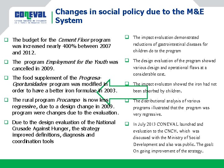 Changes in social policy due to the M&E System q The budget for the