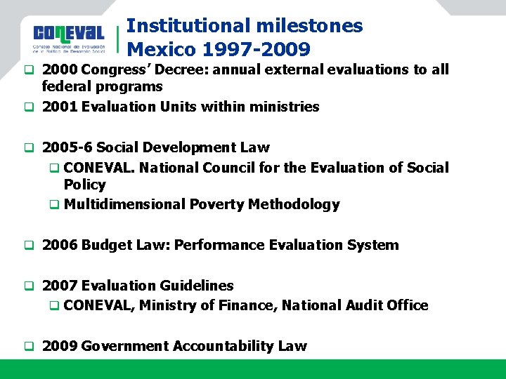 Institutional milestones Mexico 1997 -2009 q 2000 Congress’ Decree: annual external evaluations to all