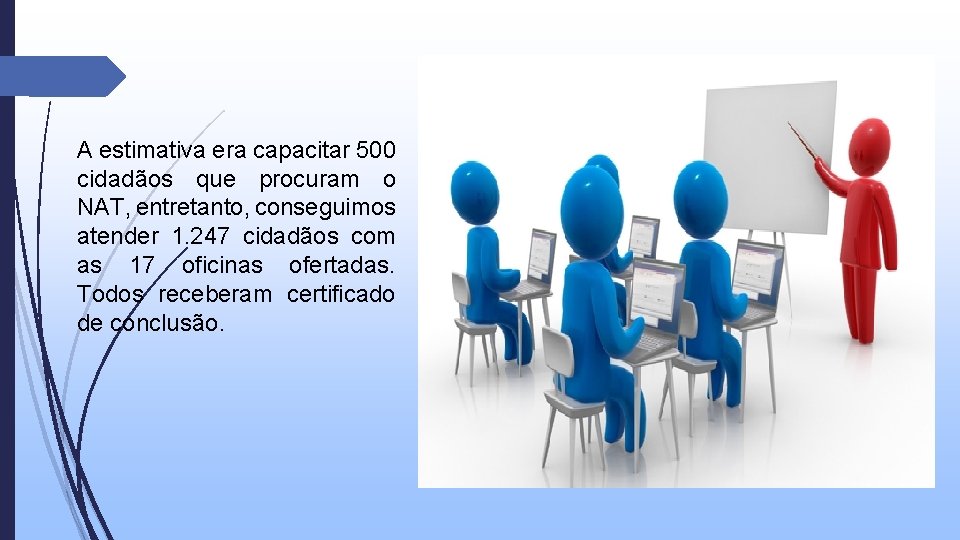 A estimativa era capacitar 500 cidadãos que procuram o NAT, entretanto, conseguimos atender 1.