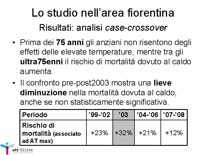 Lo studio nell’area fiorentina Risultati: analisi case-crossover • Prima dei 75 anni gli anziani