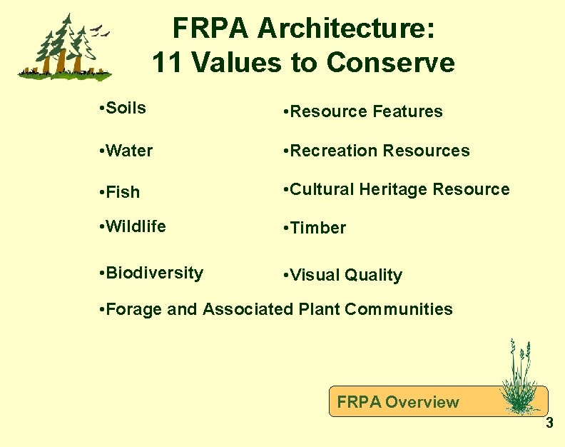 FRPA Architecture: 11 Values to Conserve • Soils • Resource Features • Water •