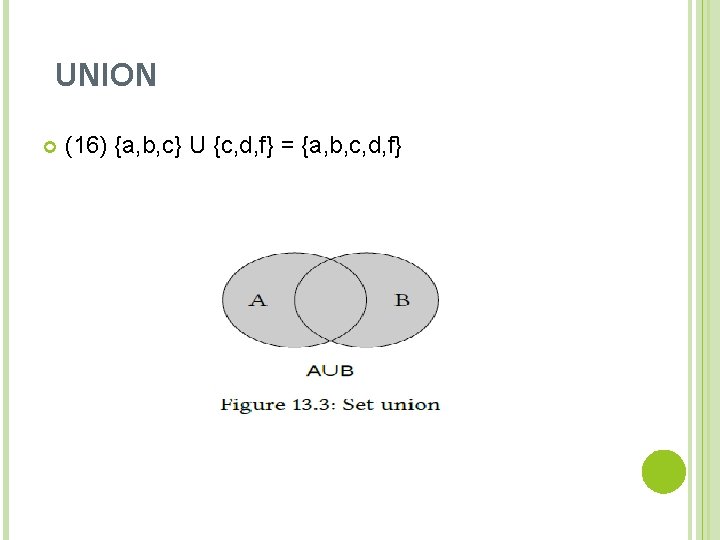 UNION (16) {a, b, c} U {c, d, f} = {a, b, c, d,