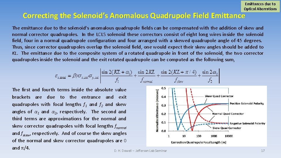 Emittances due to Optical Aberrations Correcting the Solenoid’s Anomalous Quadrupole Field Emittance The emittance