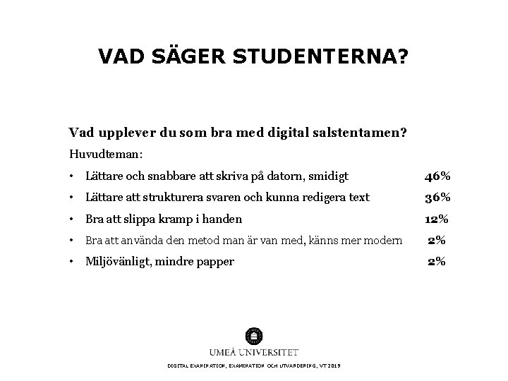 VAD SÄGER STUDENTERNA? Vad upplever du som bra med digital salstentamen? Huvudteman: • Lättare