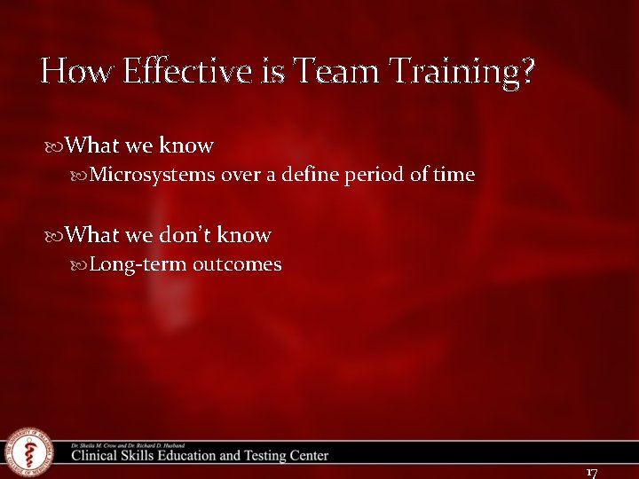 How Effective is Team Training? What we know Microsystems over a define period of