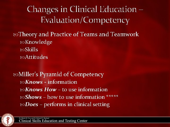 Changes in Clinical Education – Evaluation/Competency Theory and Practice of Teams and Teamwork Knowledge