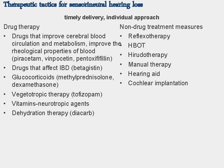 Therapeutic tactics for sensorineural hearing loss timely delivery, individual approach Drug therapy Non-drug treatment