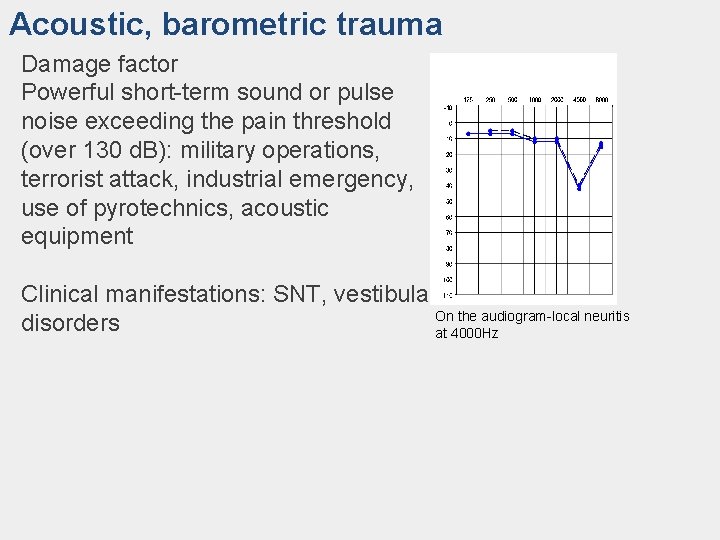 Acoustic, barometric trauma Damage factor Powerful short-term sound or pulse noise exceeding the pain