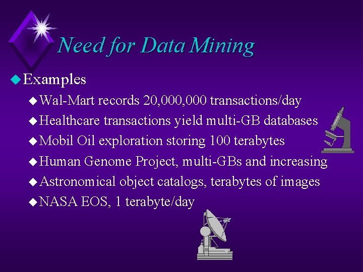 Need for Data Mining u Examples u Wal-Mart records 20, 000 transactions/day u Healthcare