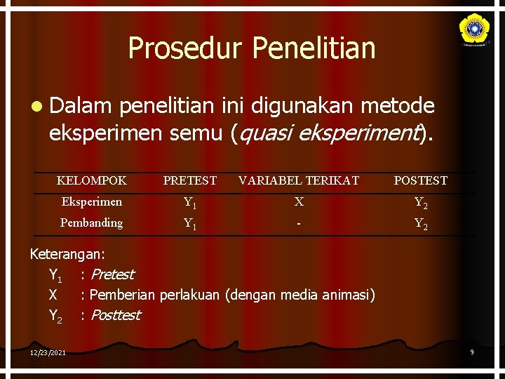 Prosedur Penelitian l Dalam penelitian ini digunakan metode eksperimen semu (quasi eksperiment). KELOMPOK PRETEST