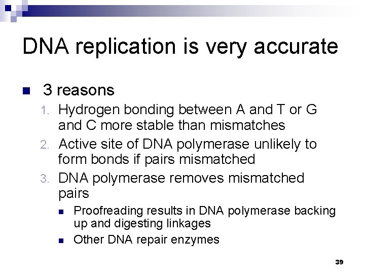 DNA replication is very accurate n 3 reasons Hydrogen bonding between A and T