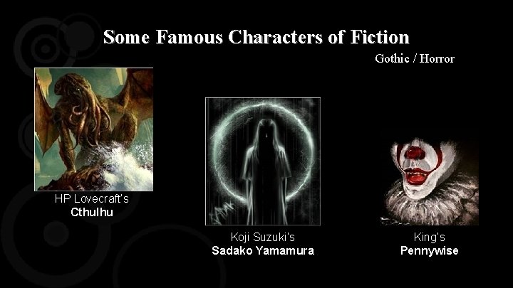 Some Famous Characters of Fiction Gothic / Horror HP Lovecraft’s Cthulhu Koji Suzuki’s Sadako