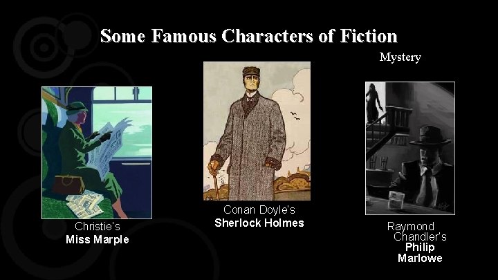 Some Famous Characters of Fiction Mystery Christie’s Miss Marple Conan Doyle’s Sherlock Holmes Raymond