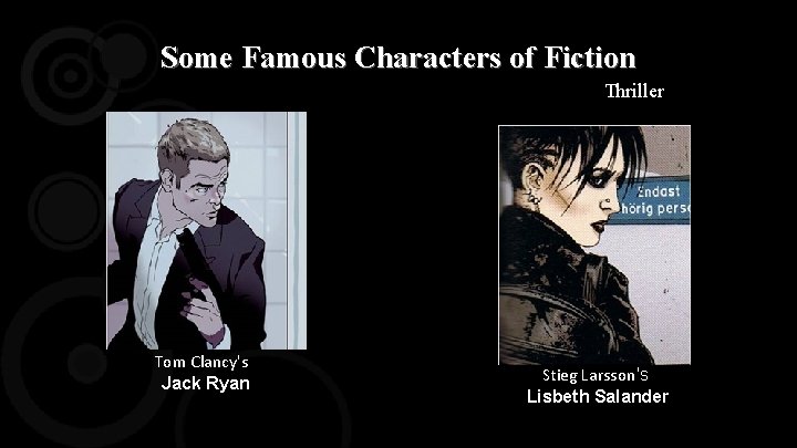 Some Famous Characters of Fiction Thriller Tom Clancy's Jack Ryan Stieg Larsson's Lisbeth Salander