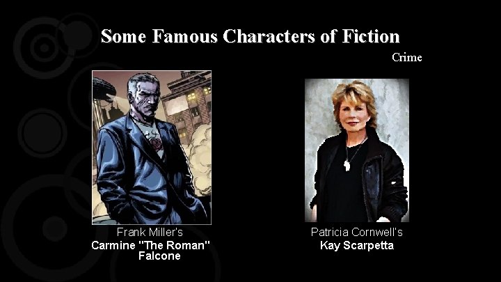 Some Famous Characters of Fiction Crime Frank Miller’s Carmine "The Roman" Falcone Patricia Cornwell’s