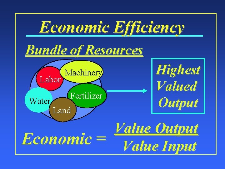 Economic Efficiency Bundle of Resources Labor Water Machinery Fertilizer Land Highest Valued Output Value