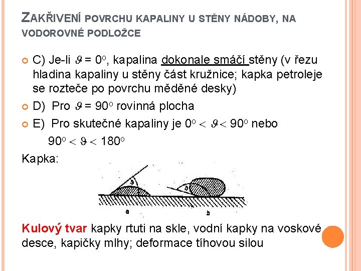 ZAKŘIVENÍ POVRCHU KAPALINY U STĚNY NÁDOBY, NA VODOROVNÉ PODLOŽCE C) Je-li = 0 o,