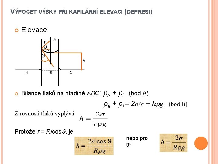 VÝPOČET VÝŠKY PŘI KAPILÁRNÍ ELEVACI (DEPRESI) Elevace S r A R h B C