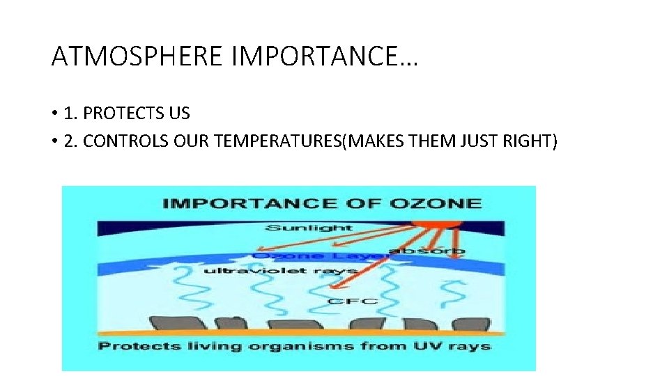 ATMOSPHERE IMPORTANCE… • 1. PROTECTS US • 2. CONTROLS OUR TEMPERATURES(MAKES THEM JUST RIGHT)