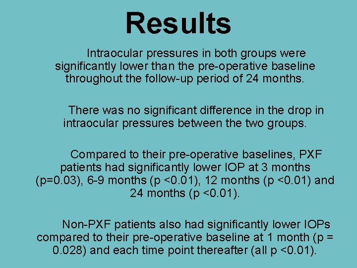 Results Intraocular pressures in both groups were significantly lower than the pre-operative baseline throughout