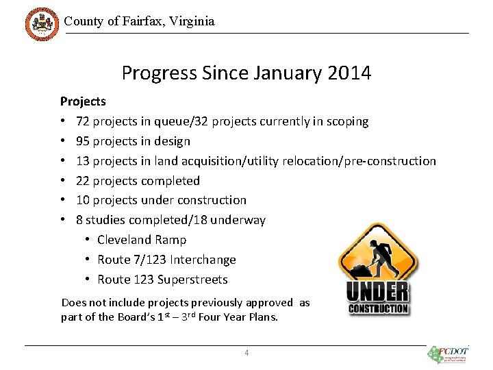 County of Fairfax, Virginia Progress Since January 2014 Projects • 72 projects in queue/32