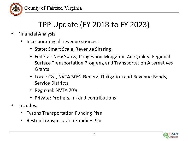 County of Fairfax, Virginia TPP Update (FY 2018 to FY 2023) • Financial Analysis