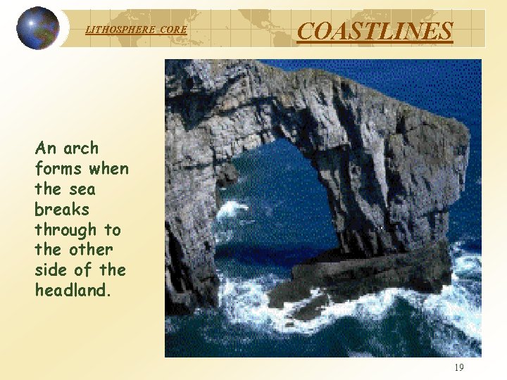LITHOSPHERE COASTLINES An arch forms when the sea breaks through to the other side