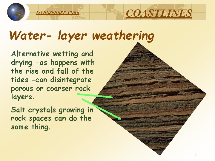 LITHOSPHERE COASTLINES Water- layer weathering Alternative wetting and drying -as happens with the rise