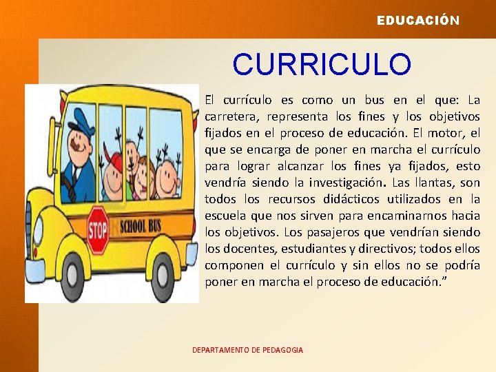 EDUCACIÓN CURRICULO El currículo es como un bus en el que: La carretera, representa