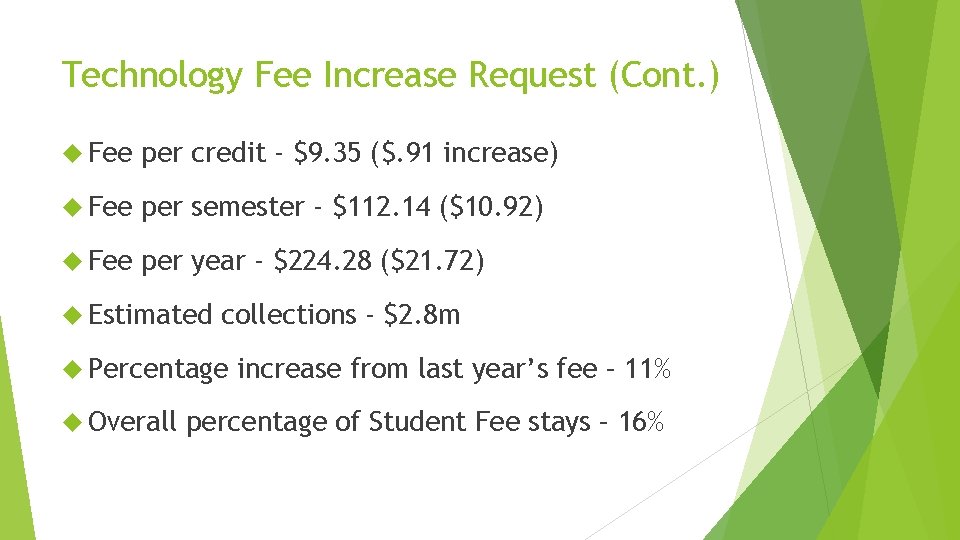Technology Fee Increase Request (Cont. ) Fee per credit - $9. 35 ($. 91