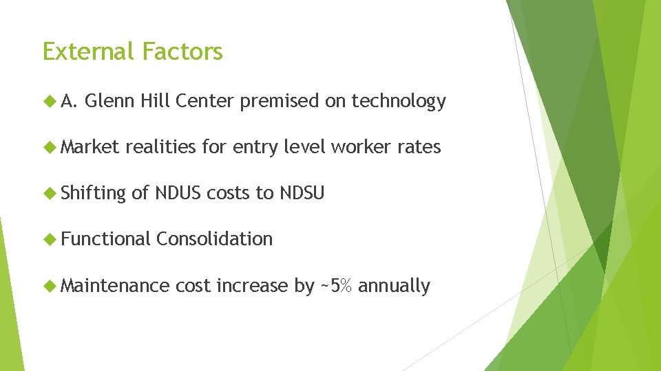 External Factors A. Glenn Hill Center premised on technology Market realities for entry level