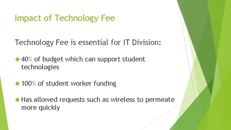 Impact of Technology Fee is essential for IT Division: 40% of budget which can