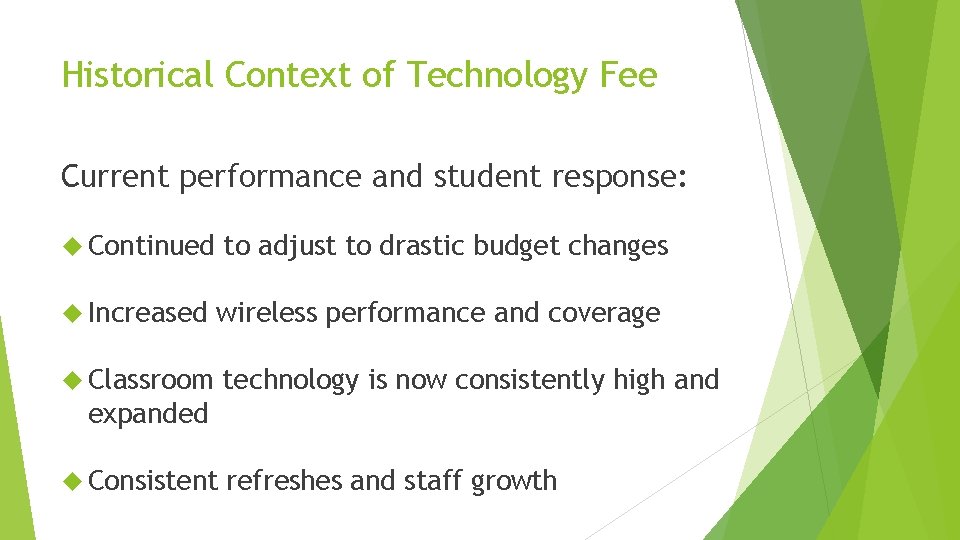 Historical Context of Technology Fee Current performance and student response: Continued to adjust to