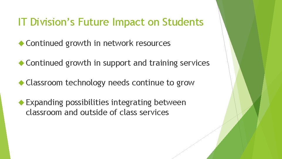 IT Division’s Future Impact on Students Continued growth in network resources Continued growth in