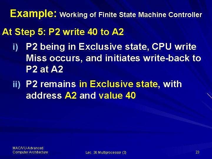 Example: Working of Finite State Machine Controller At Step 5: P 2 write 40