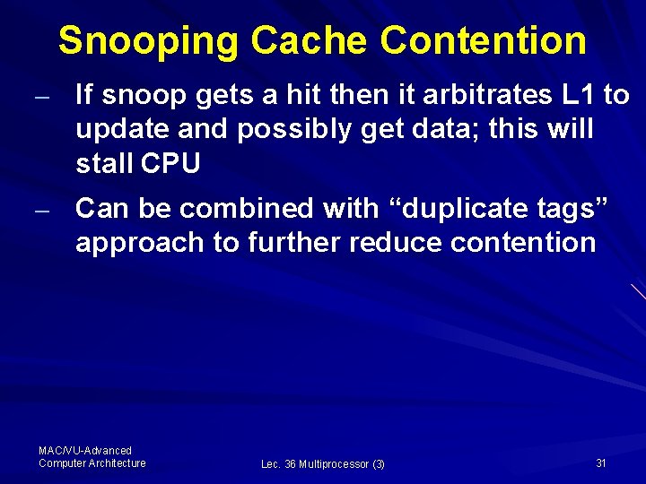 Snooping Cache Contention – If snoop gets a hit then it arbitrates L 1