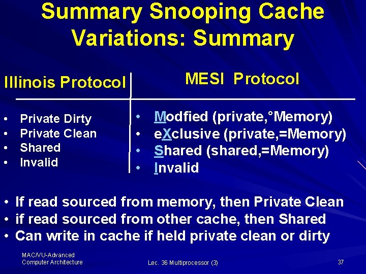 Summary Snooping Cache Variations: Summary MESI Protocol Illinois Protocol • • Private Dirty Private