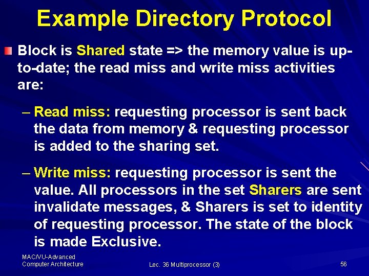 Example Directory Protocol Block is Shared state => the memory value is upto-date; the