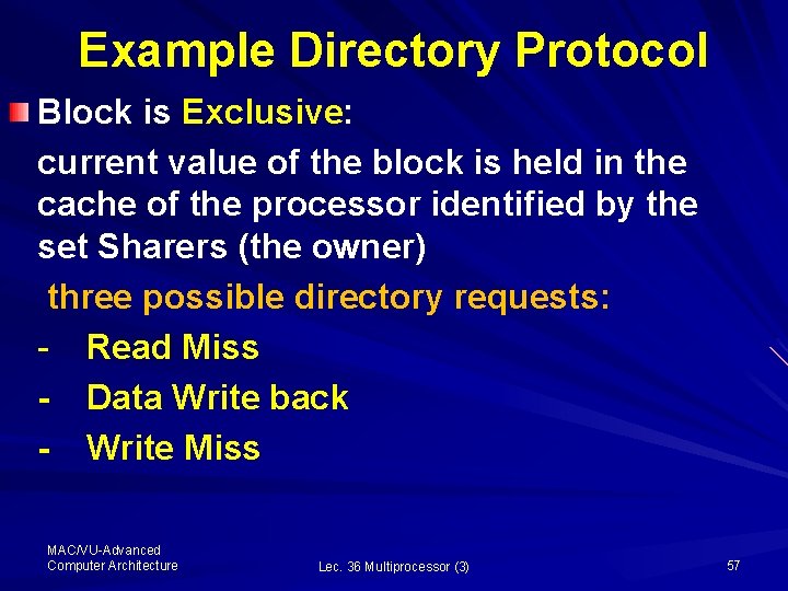 Example Directory Protocol Block is Exclusive: current value of the block is held in