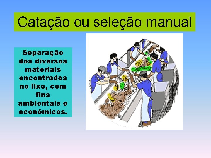 Catação ou seleção manual Separação dos diversos materiais encontrados no lixo, com fins ambientais